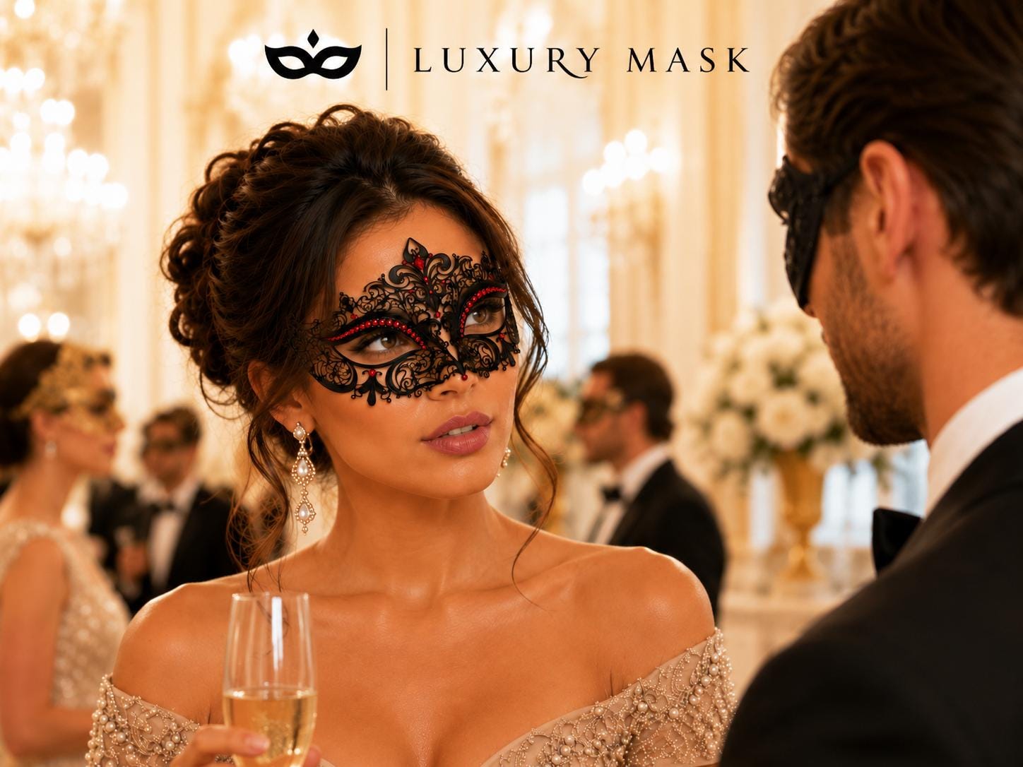Black Red metal masquerade mask for women product view 3