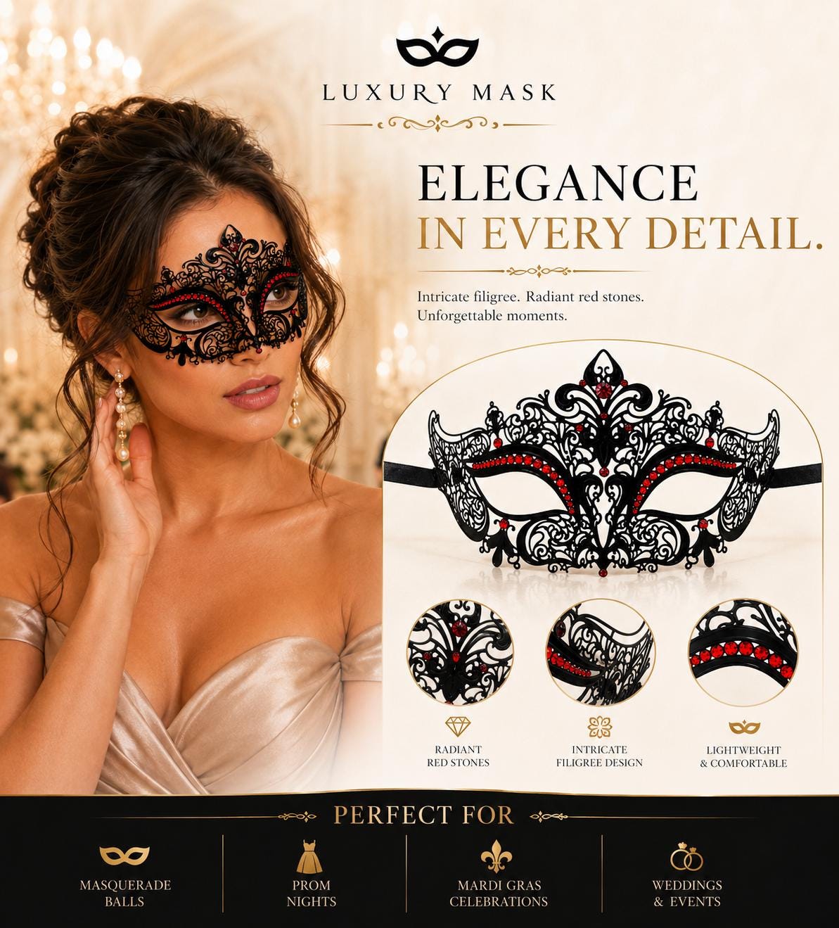 Black Red metal masquerade mask for women product view 5