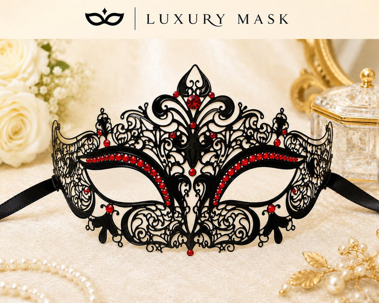 Black Red metal masquerade mask for women product view 4