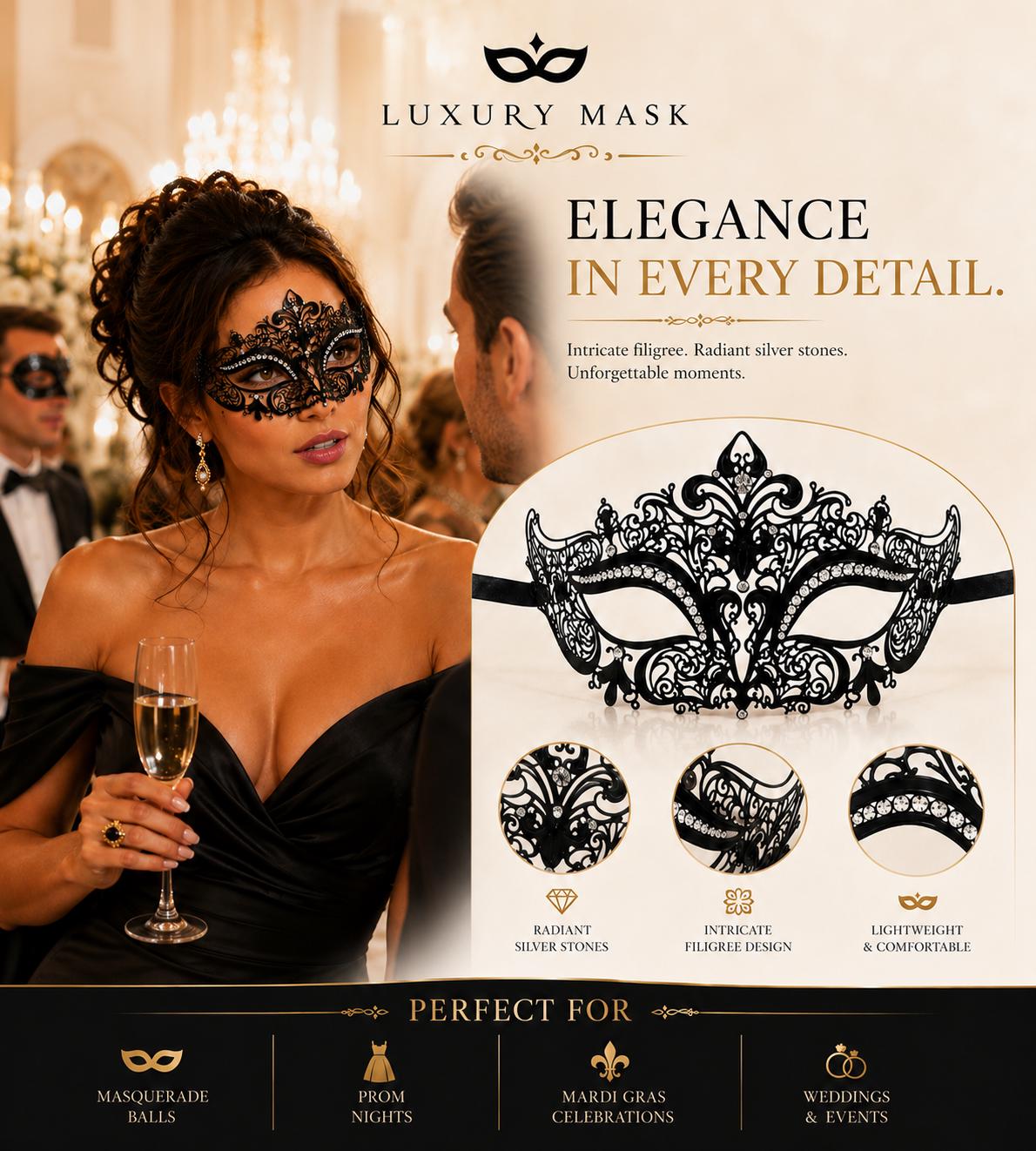 Black metal masquerade mask for women product view 5