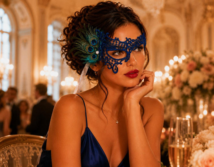 Blue peacock feather masquerade mask for women product view 4