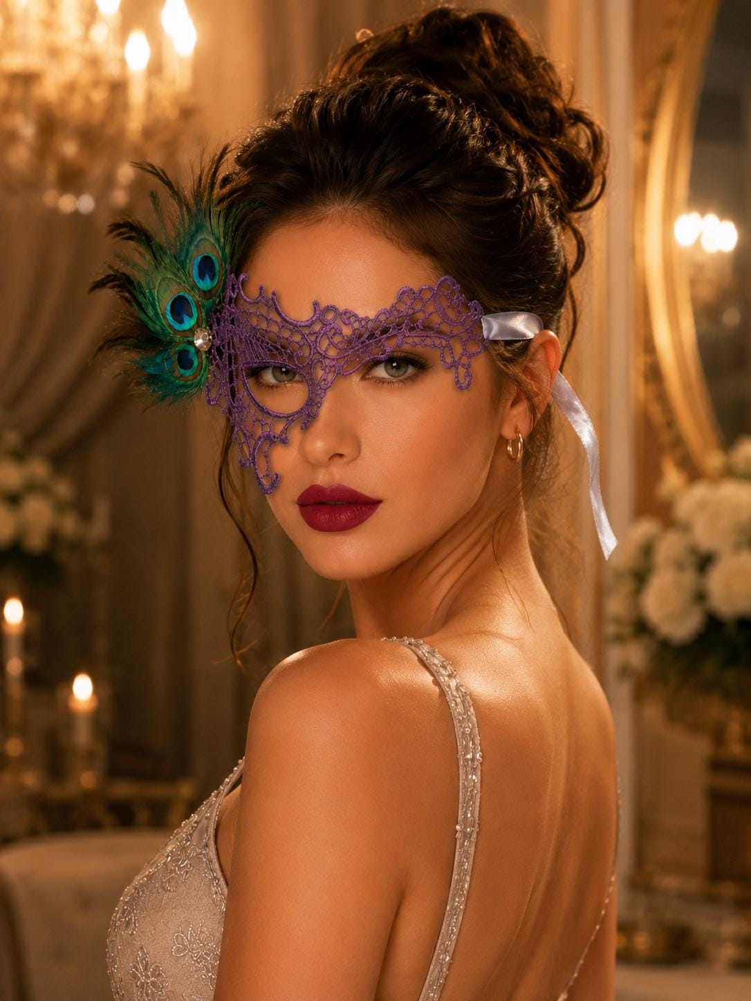 Purple peacock feather masquerade mask for women product view 3