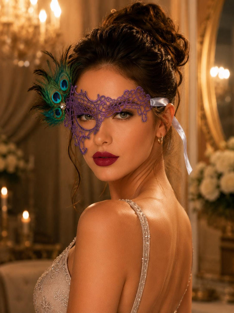 Purple peacock feather masquerade mask for women product view 3