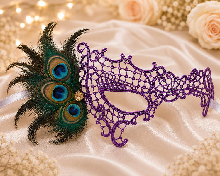 Purple peacock feather masquerade mask for women product view 2