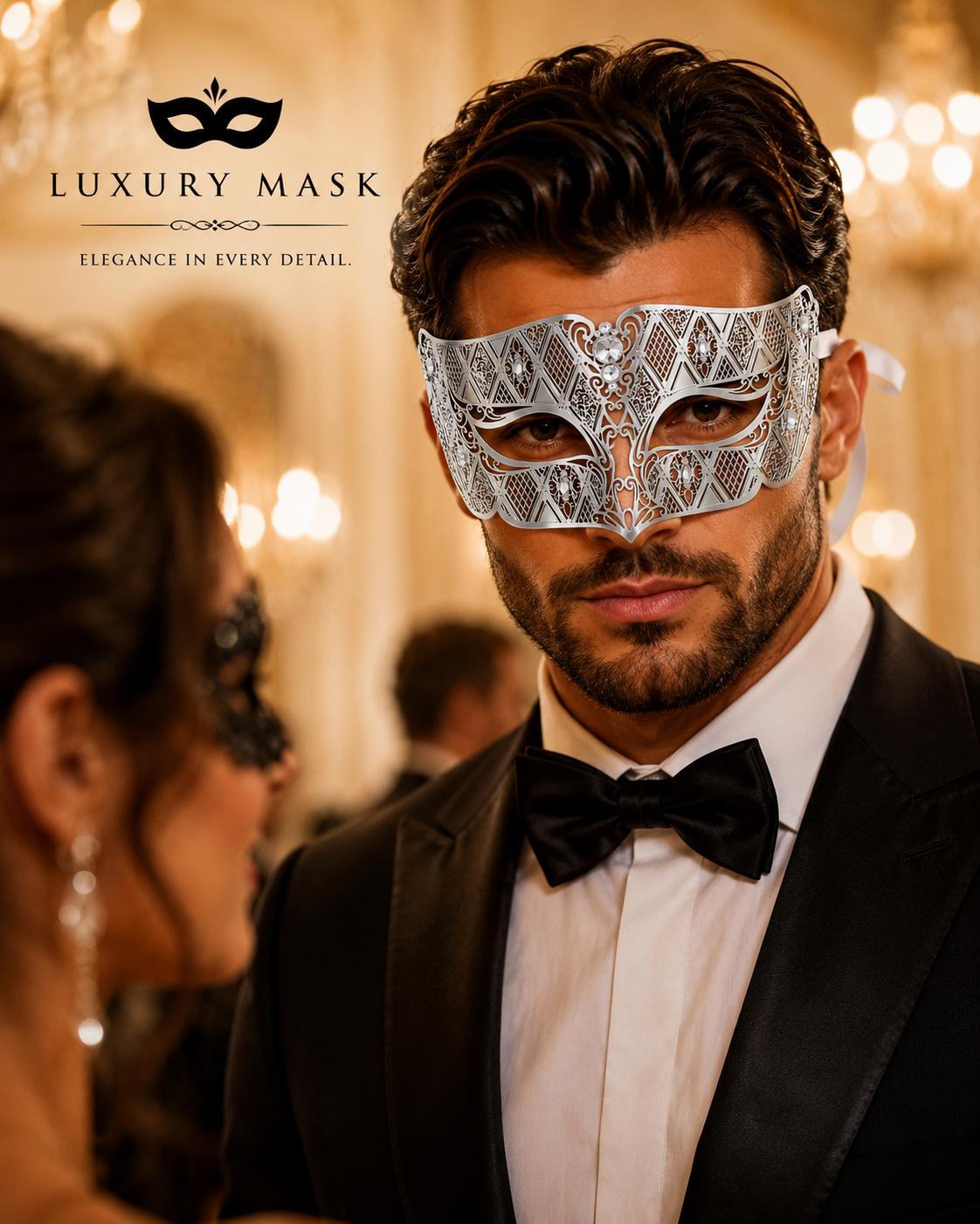 Silver metal masquerade mask for men product view 3