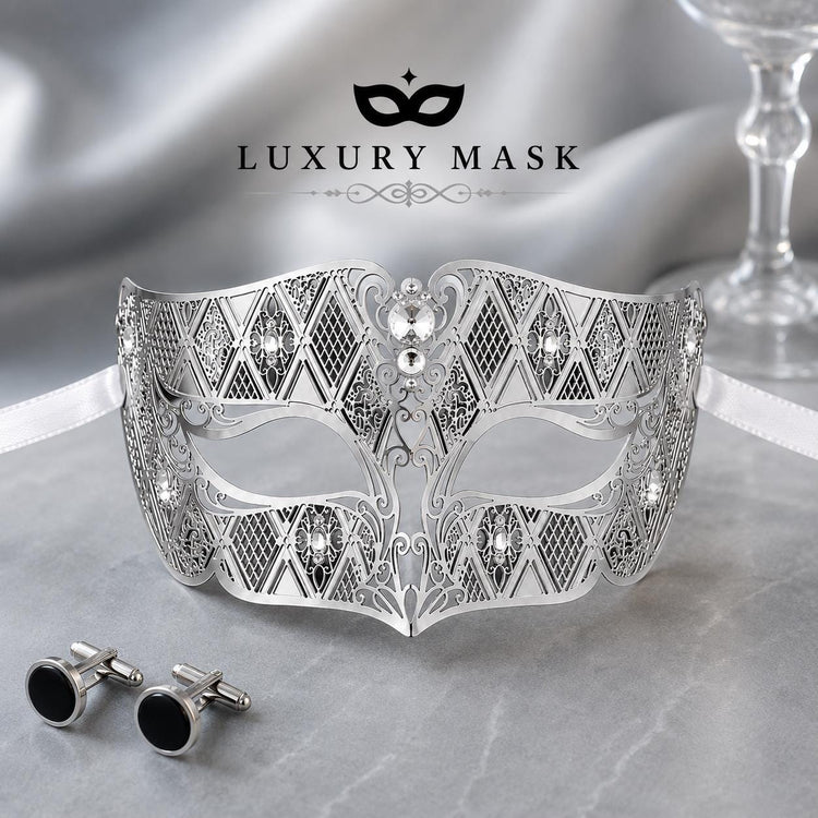 Silver metal masquerade mask for men product view 4
