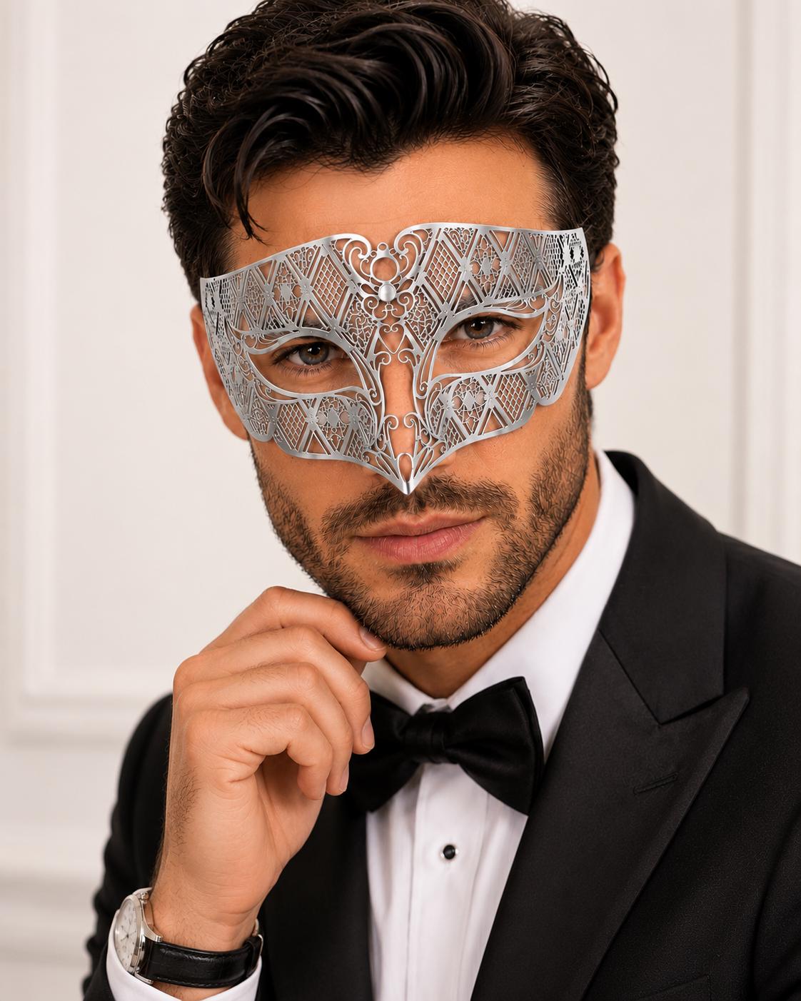 Silver metal masquerade mask for men product view 2