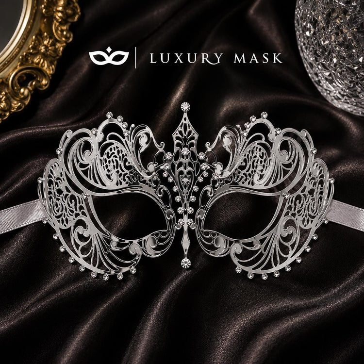 Silver metal masquerade mask product view 4
