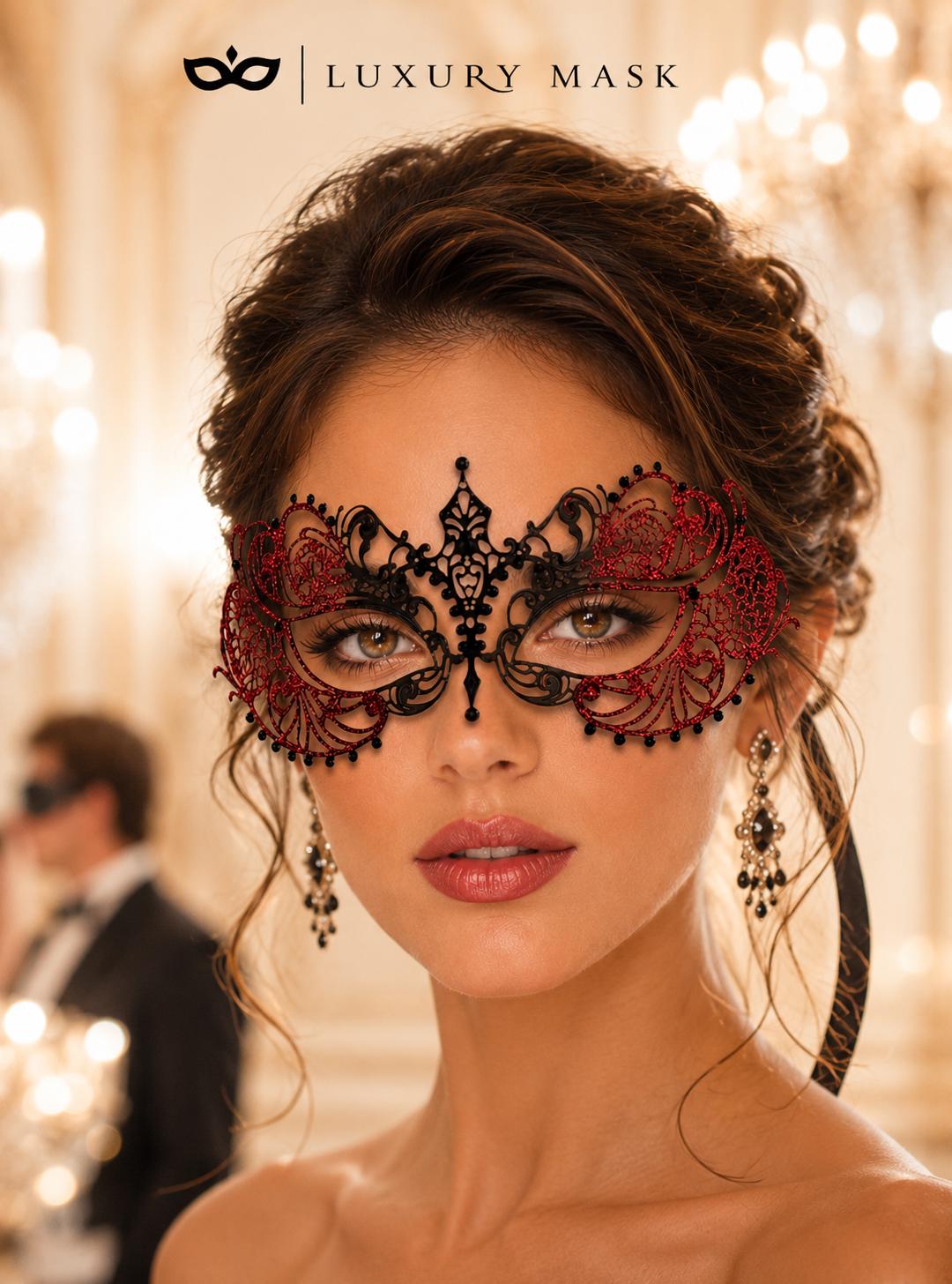 Black Red metal masquerade mask product view 2