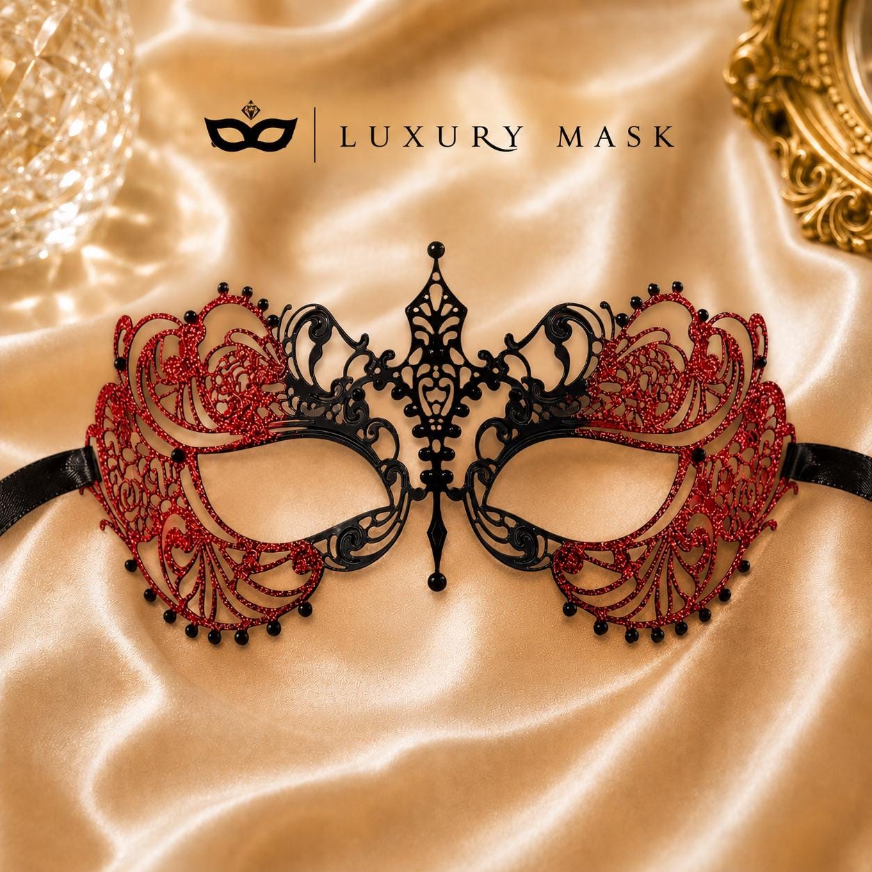 Black Red metal masquerade mask product view 4