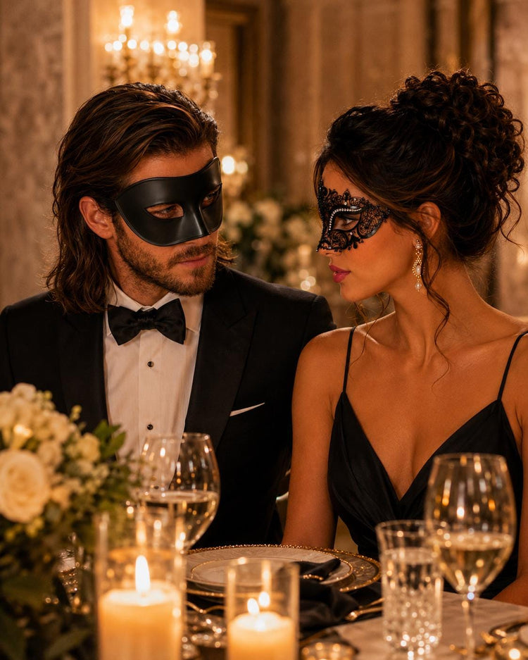Black metal masquerade mask couples set product view 3
