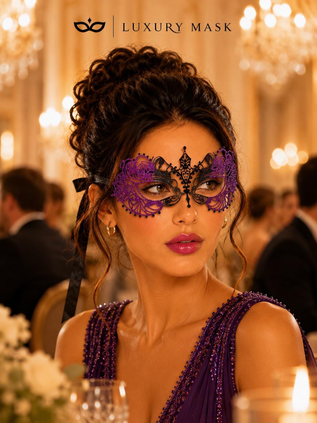 Black Purple metal masquerade mask product view 3