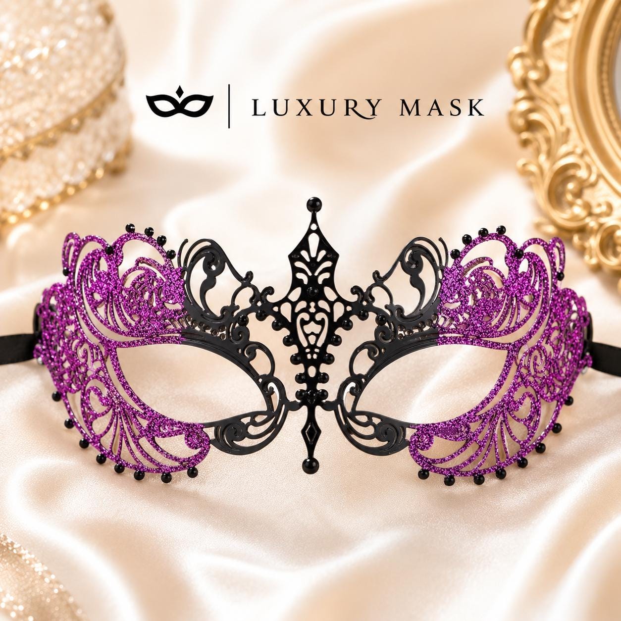 Black Purple metal masquerade mask product view 4