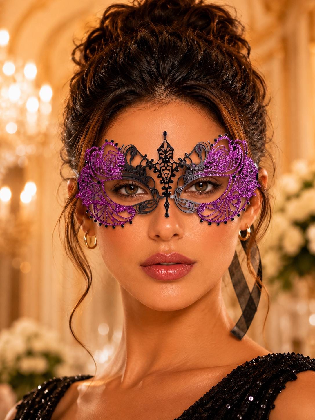 Black Purple metal masquerade mask product view 2