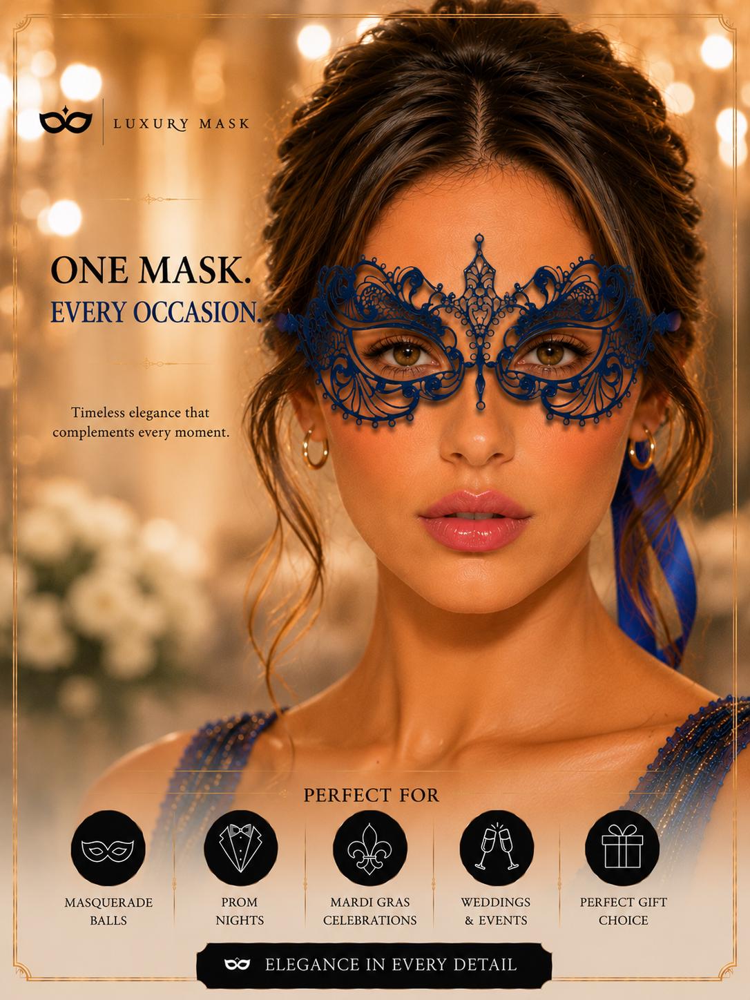 Blue metal masquerade mask for women product view 5