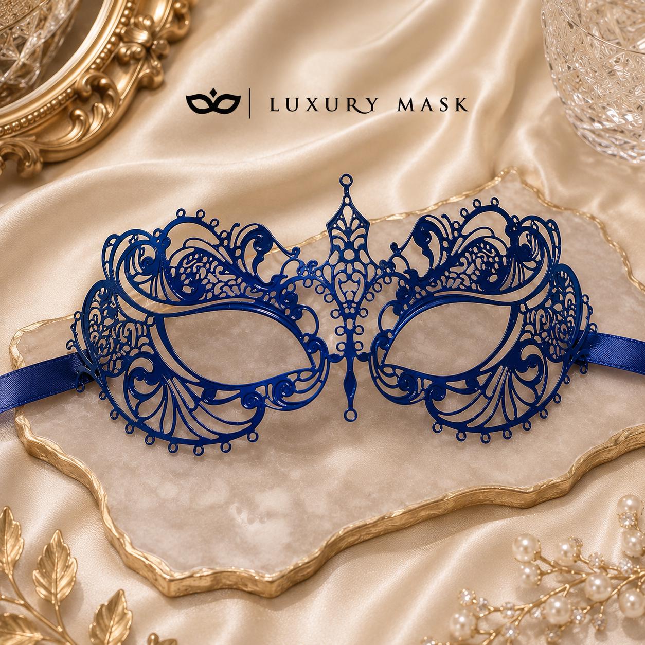 Blue metal masquerade mask for women product view 4