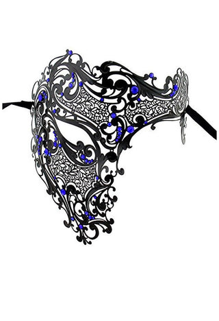 Black Phantom of the Opera Half Face Mask for Men with Blue Rhinestones | Metal Venetian Mask for Mardi Gras, Prom, & Costume Events