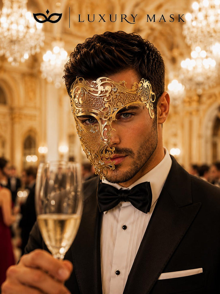 Gold metal masquerade mask for men product view 3
