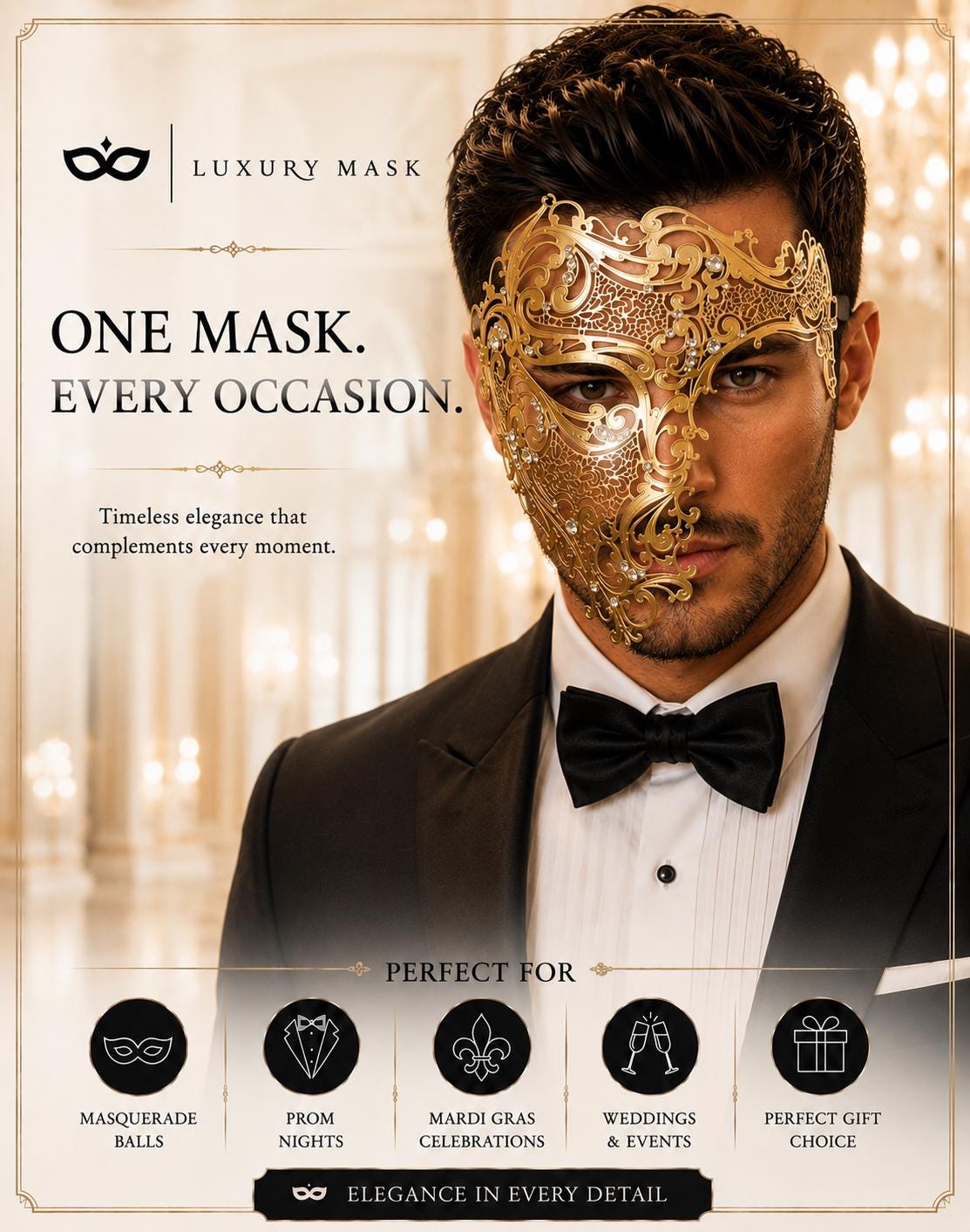 Gold metal masquerade mask for men product view 5