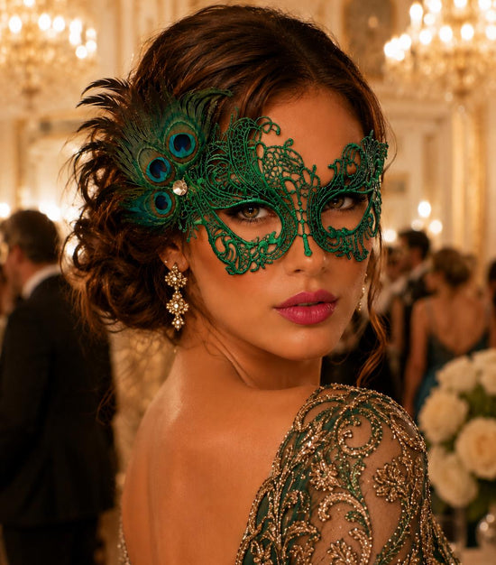 Green peacock feather masquerade mask for women