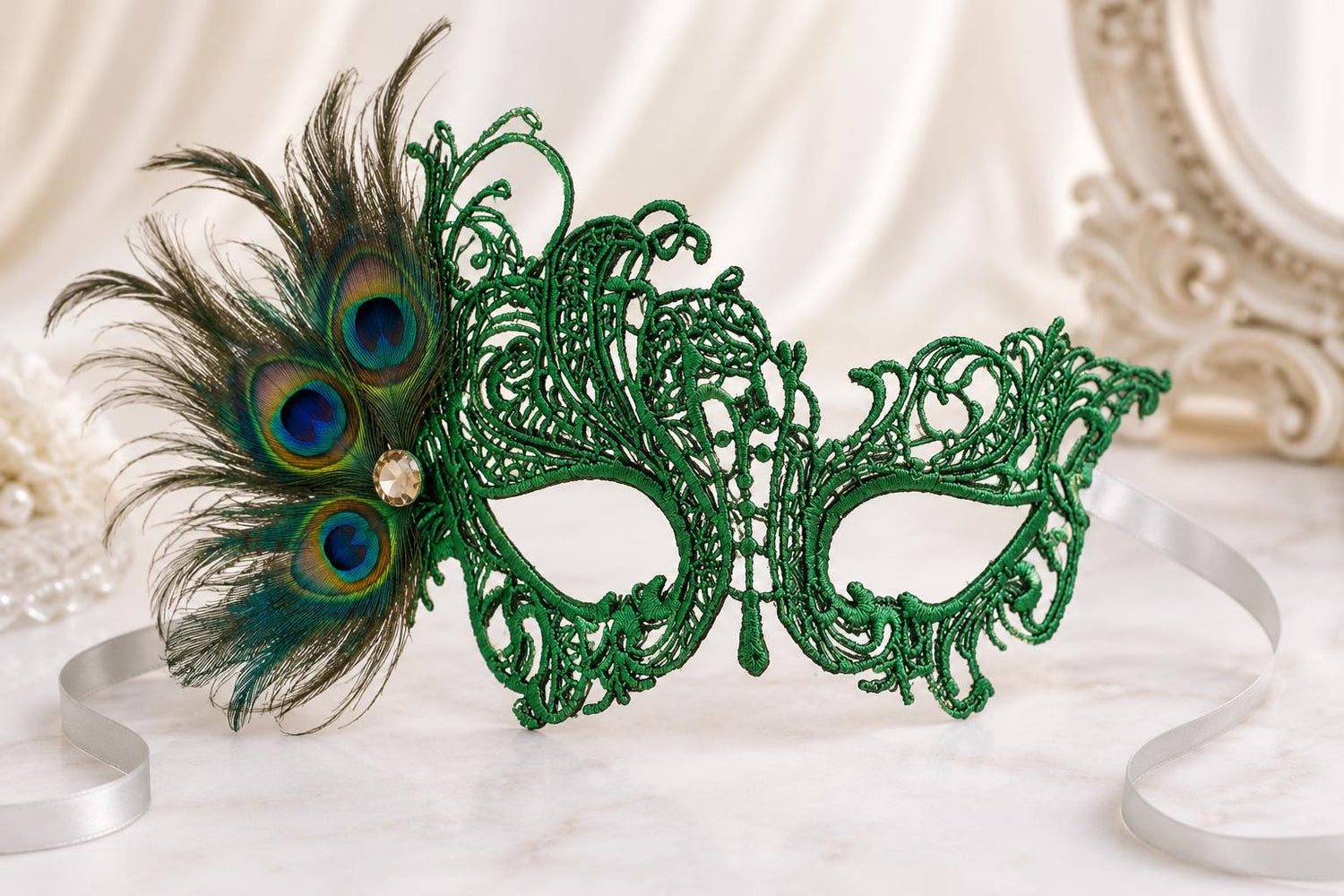 Green peacock feather masquerade mask for women product view 2