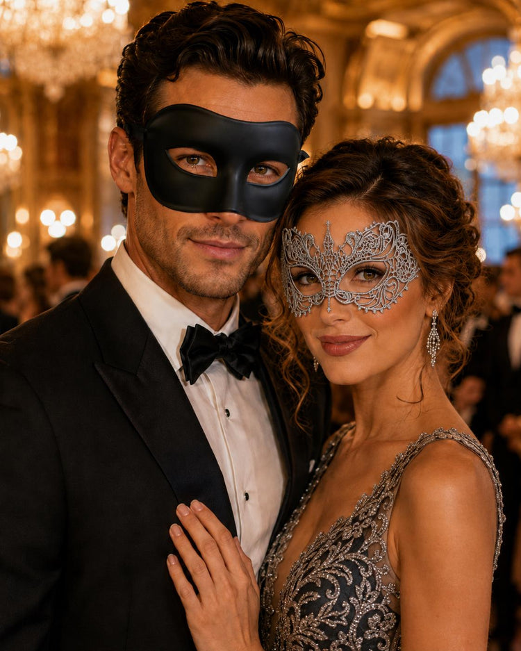 Black Silver lace masquerade mask couples set
