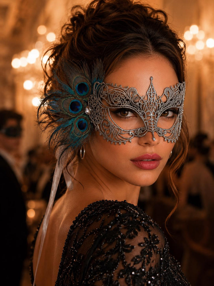 Silver peacock feather masquerade mask for women product view 3