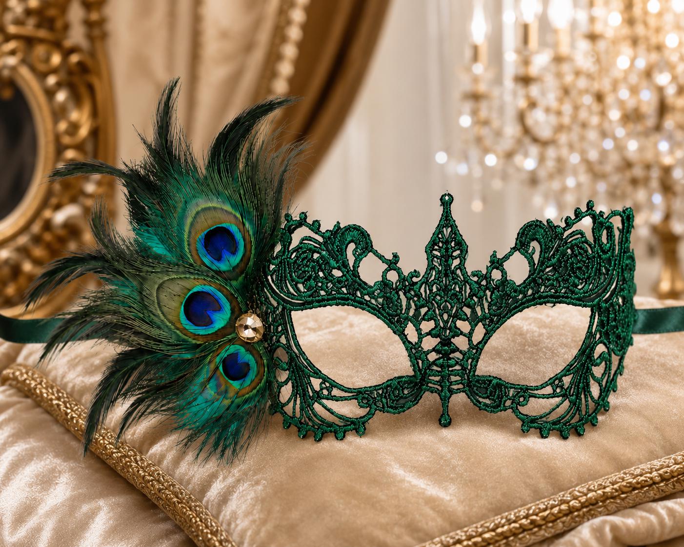 Green peacock feather masquerade mask for women product view 3