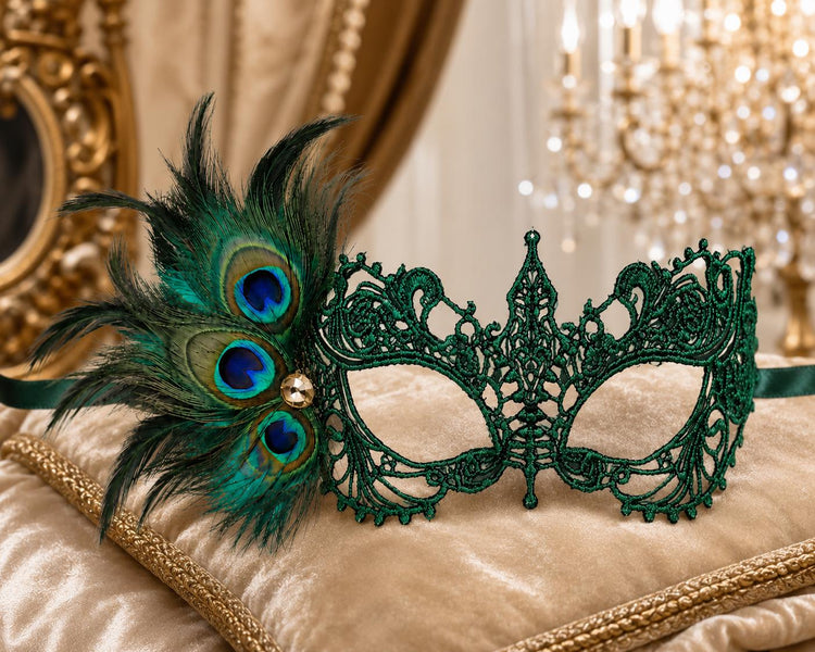 Green peacock feather masquerade mask for women product view 3