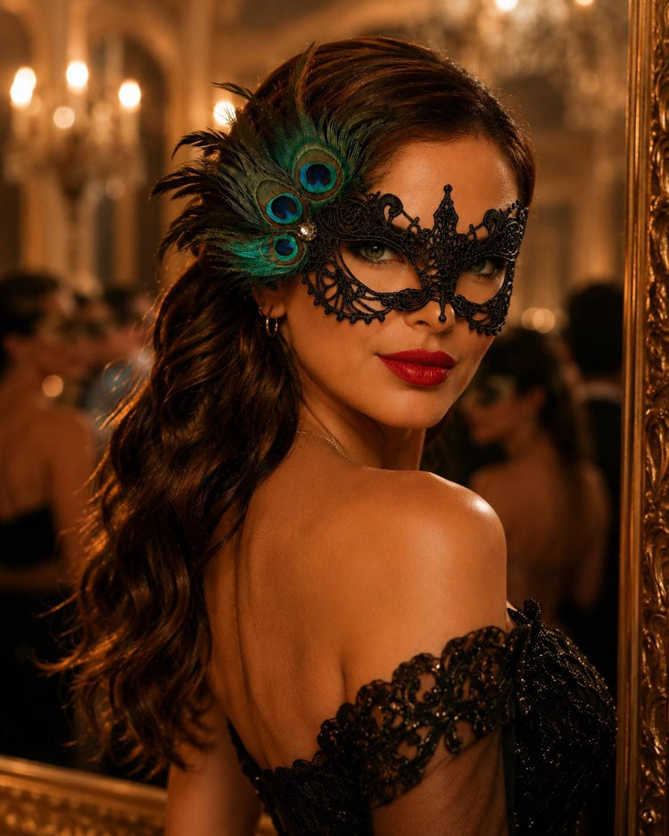 Black peacock feather masquerade mask for women product view 4