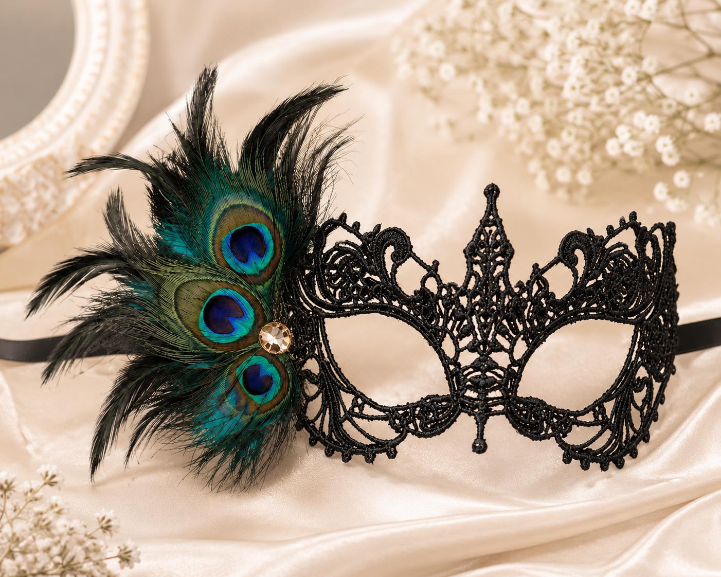 Black peacock feather masquerade mask for women product view 3
