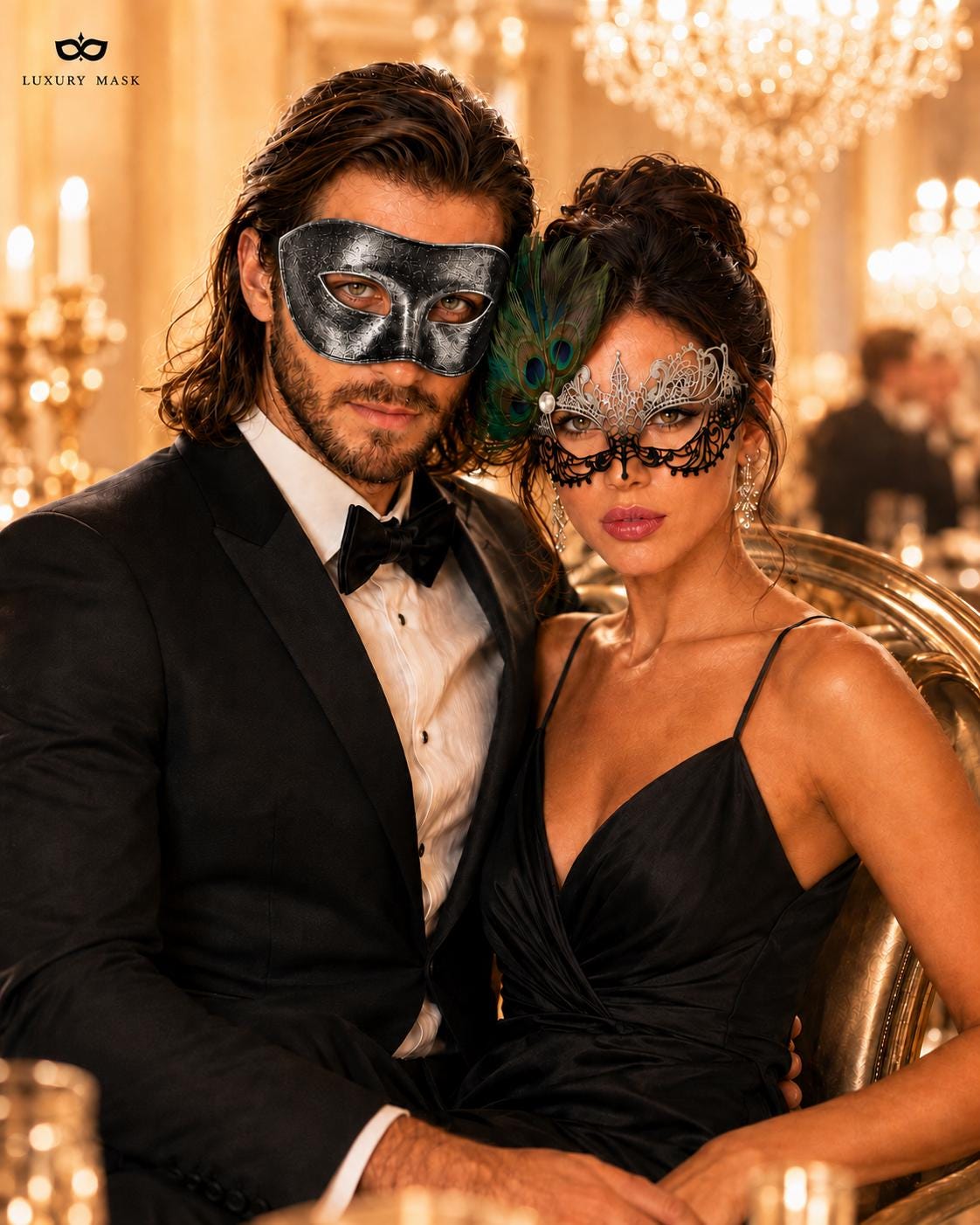 Black Silver peacock feather masquerade mask couples set product view 2