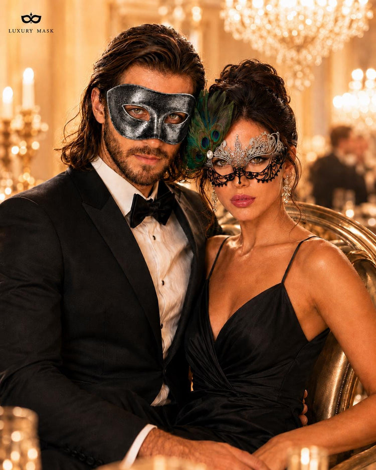 Black Silver peacock feather masquerade mask couples set product view 2