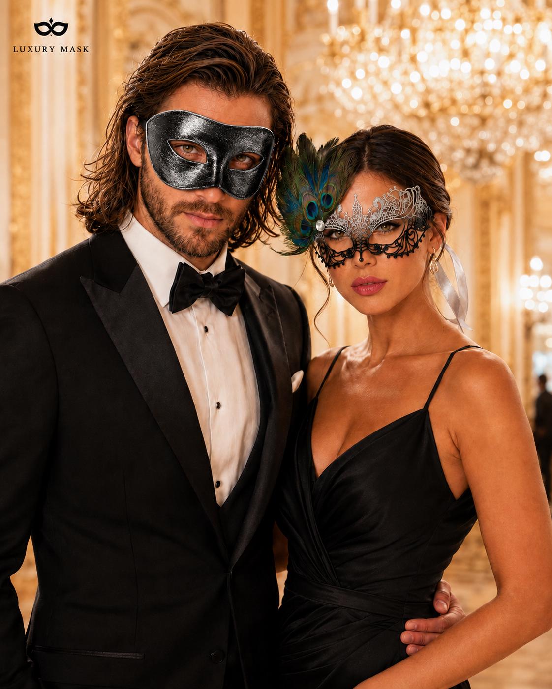 Black Silver peacock feather masquerade mask couples set product view 3