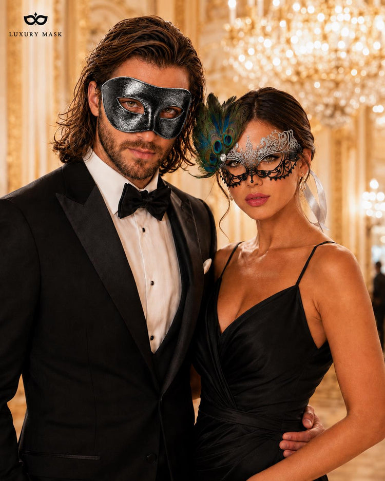 Black Silver peacock feather masquerade mask couples set product view 3