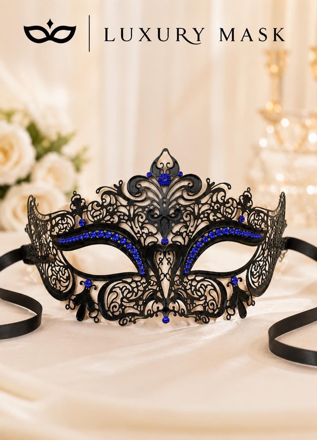 Black Blue metal masquerade mask for women product view 6
