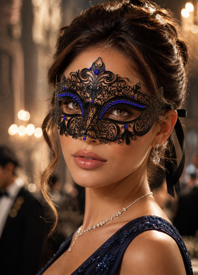 Black Blue metal masquerade mask for women product view 2