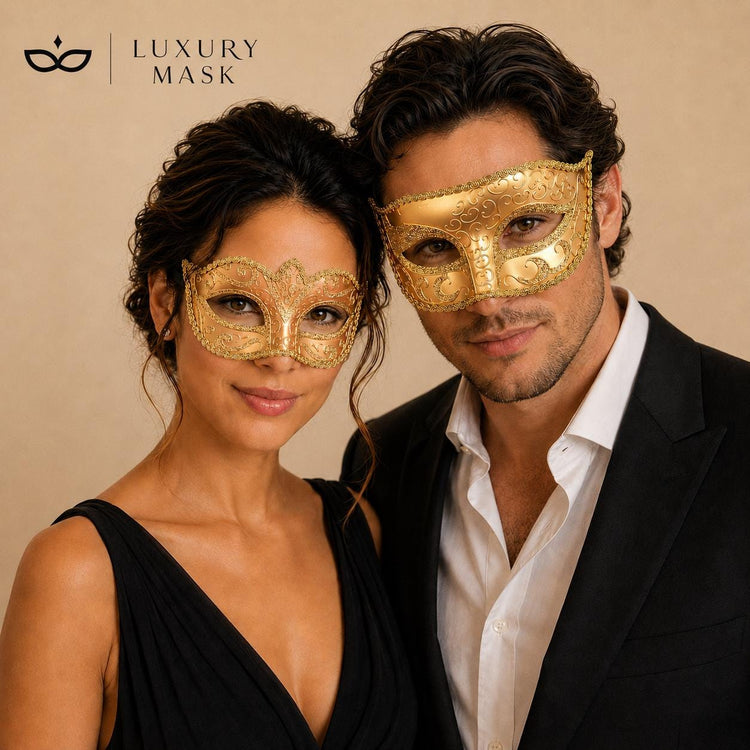 Gold masquerade mask couples set product view 2