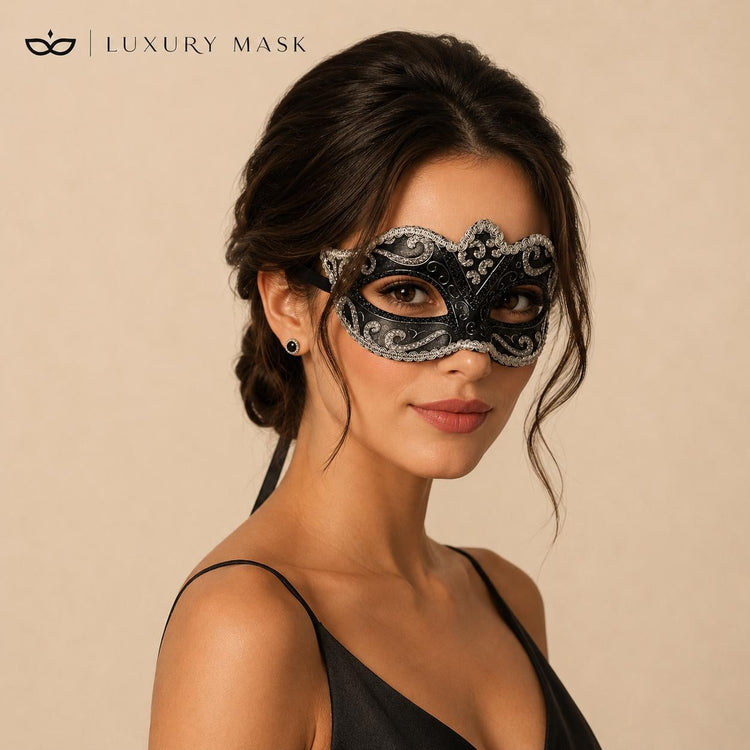 Black Silver Venetian masquerade mask for women product view 2