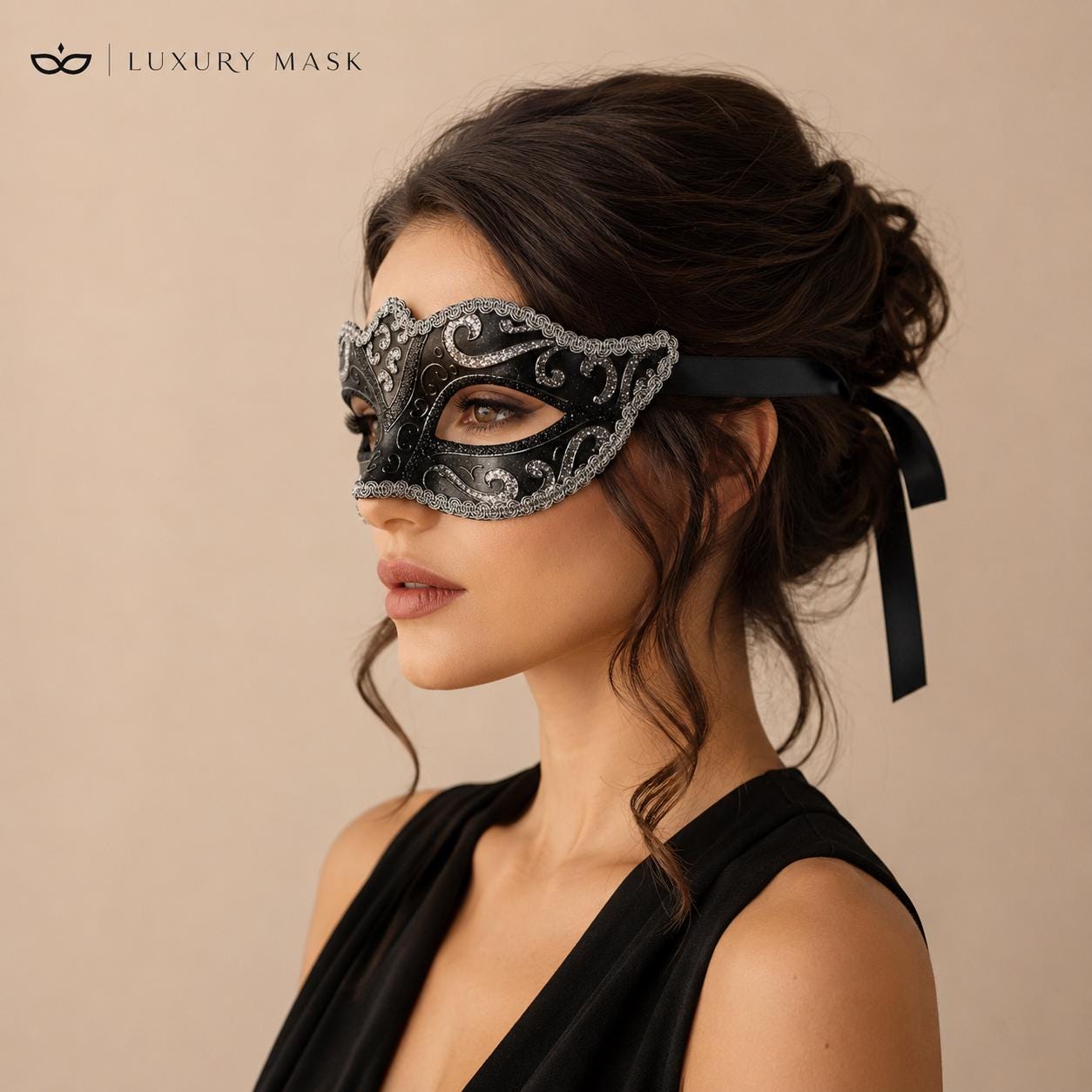 Black Silver Venetian masquerade mask for women product view 3