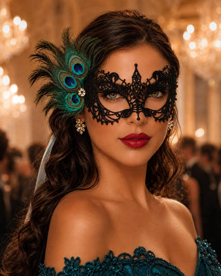 Black peacock feather masquerade mask for women