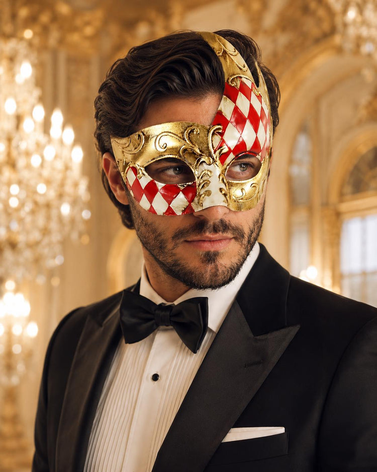 Gold Red masquerade mask for men product view 2