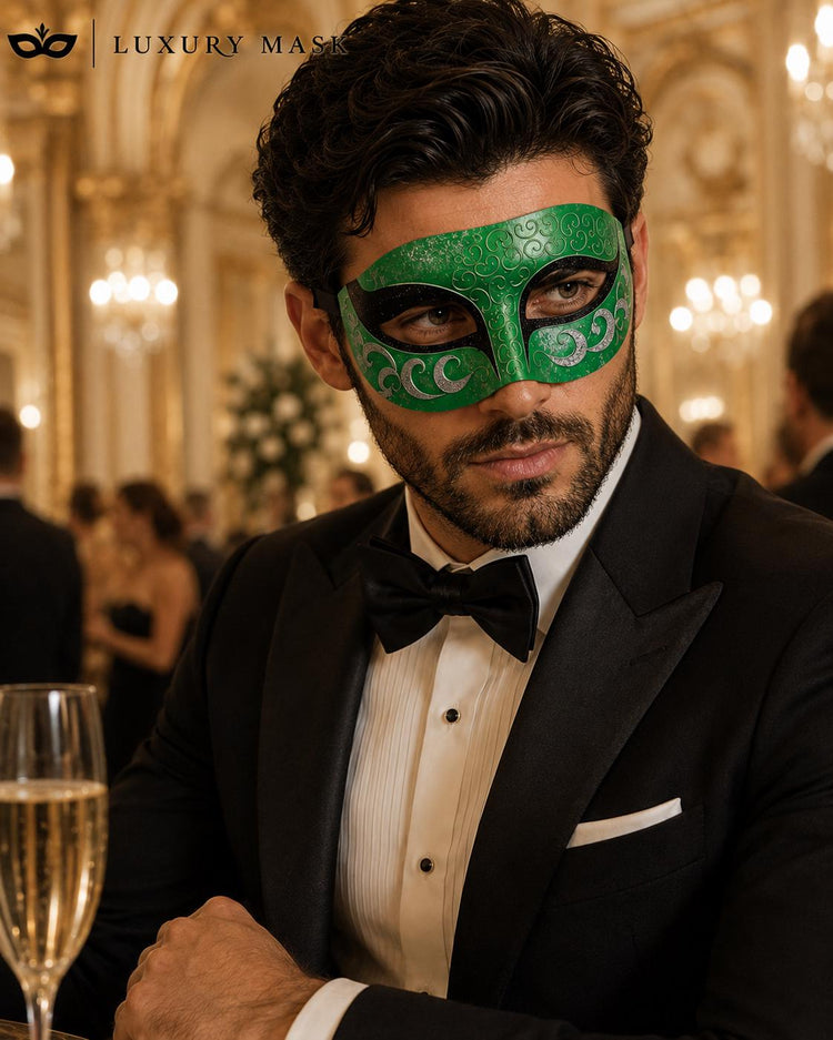 Silver Green masquerade mask for men product view 4