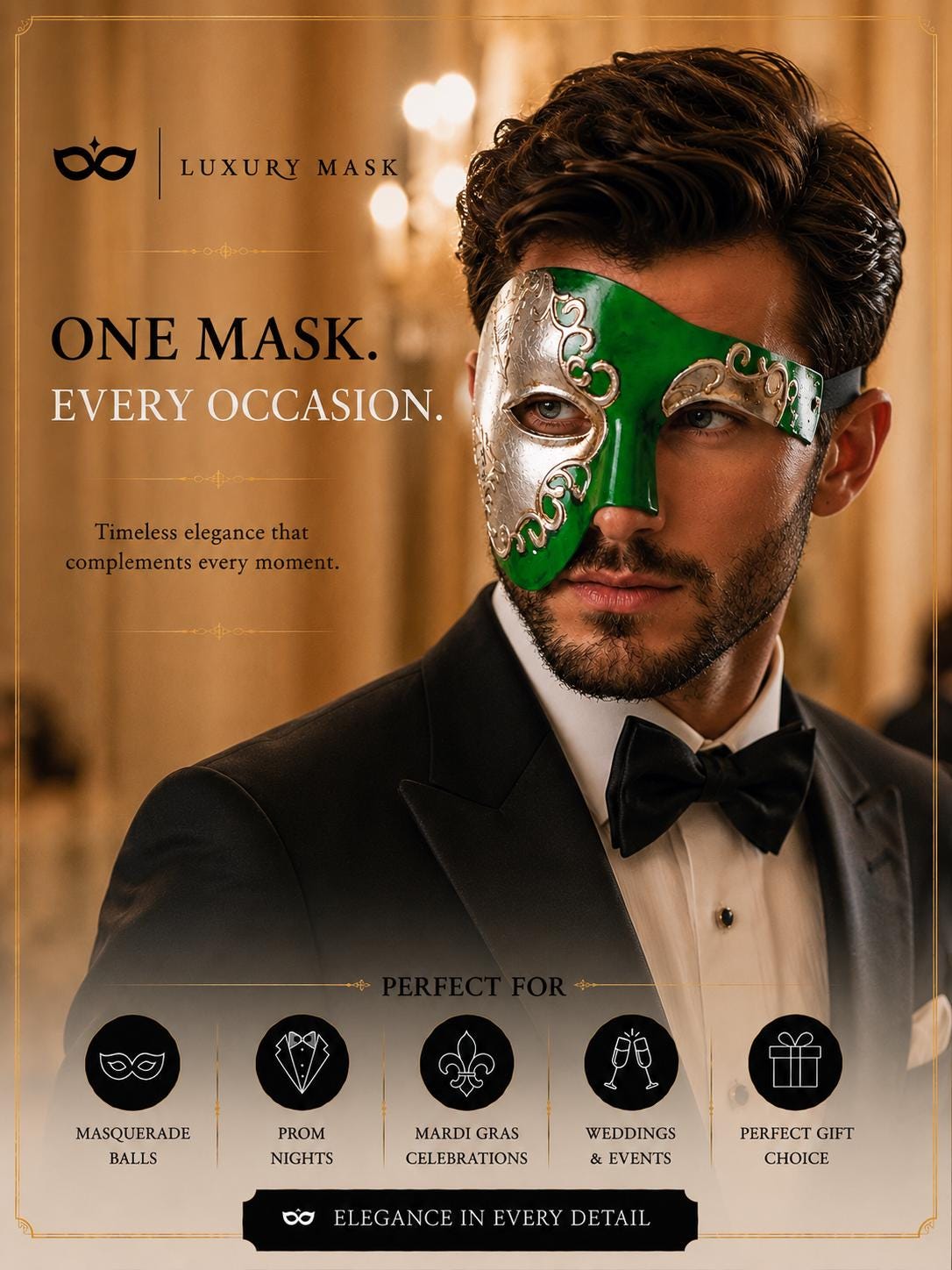 Silver Green masquerade mask for men product view 6