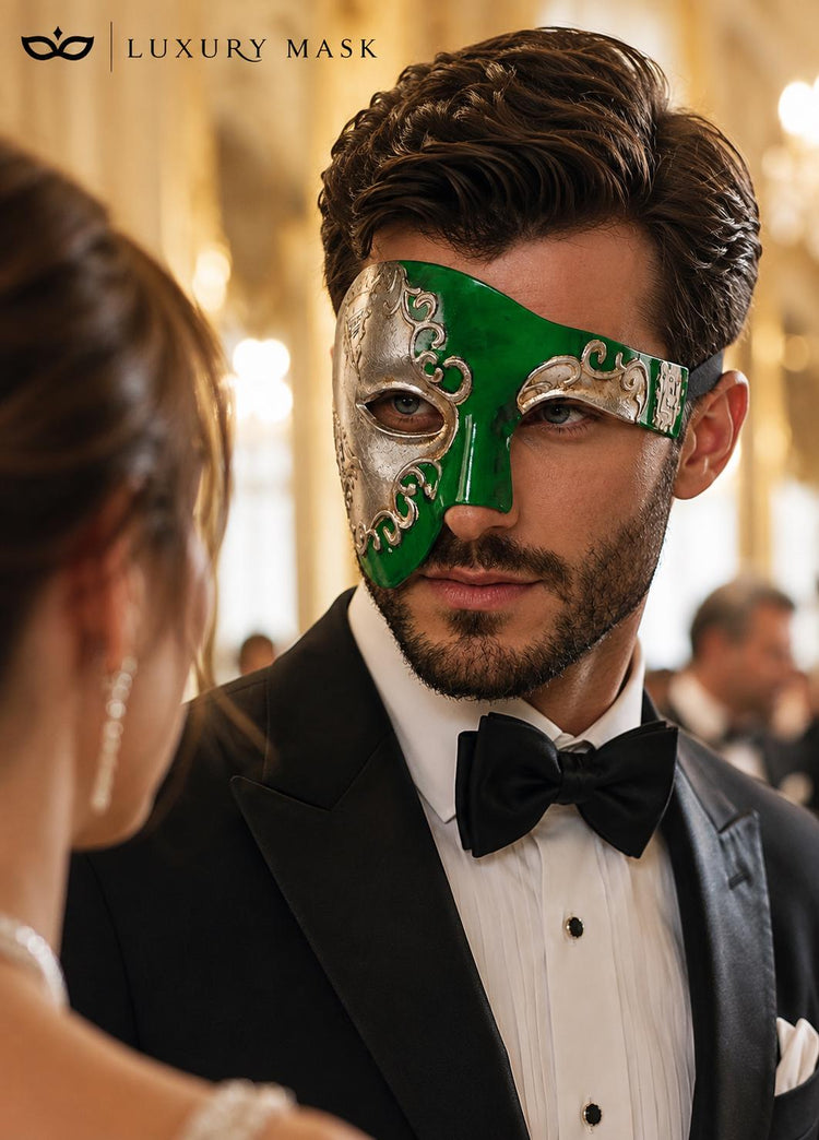 Silver Green masquerade mask for men product view 3