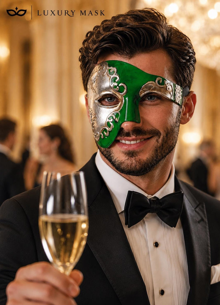 Silver Green masquerade mask for men product view 4