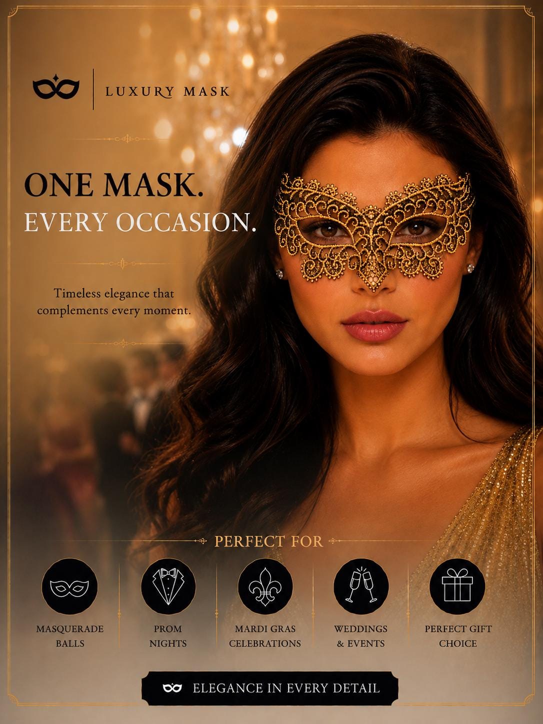 Black Gold lace masquerade mask for women product view 6