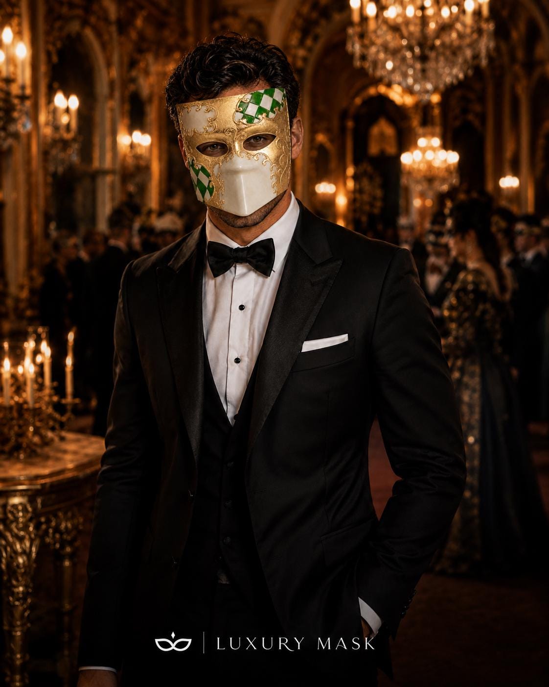 Gold White masquerade mask product view 5