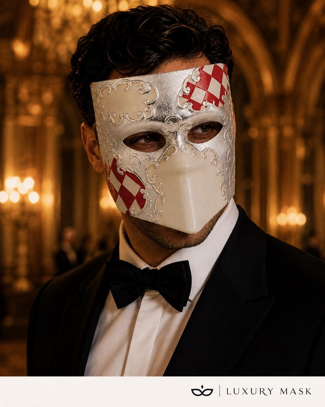 Silver White masquerade mask product view 2