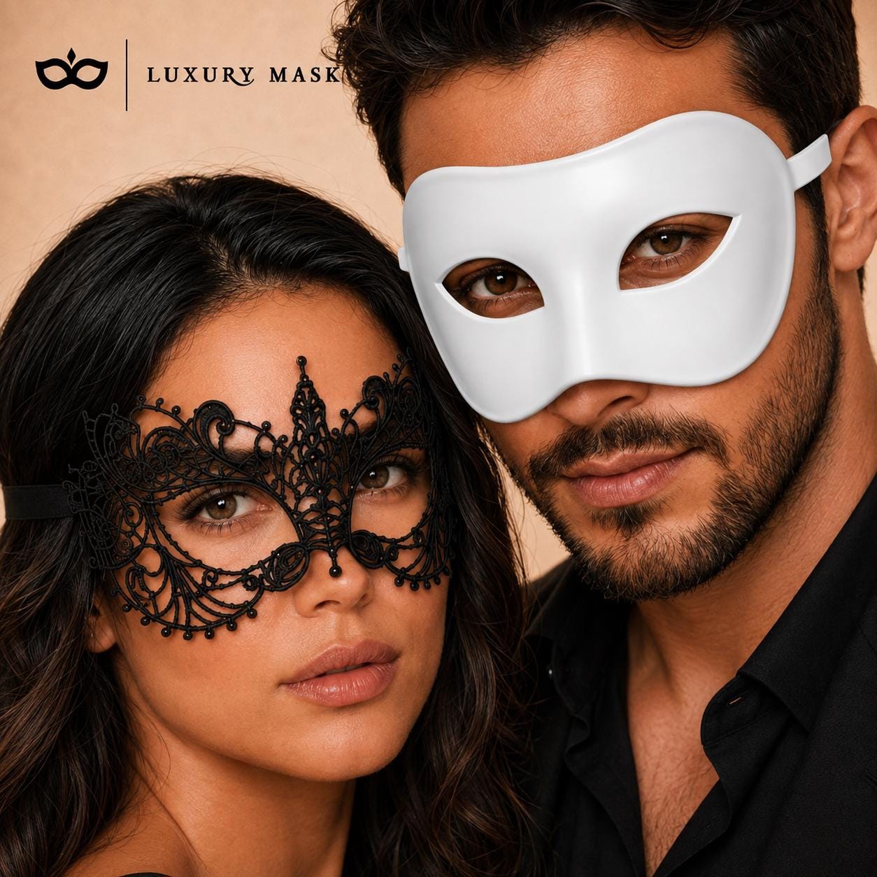 Black White lace masquerade mask couples set product view 3